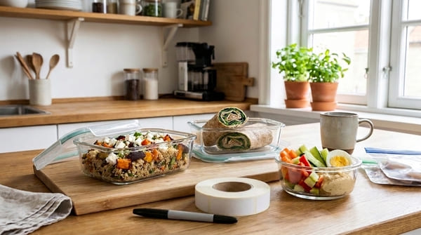 Mehrere vorbereitete Lunchboxen für das Büro mit Marker und kleiner Meal-Prep-Organisation