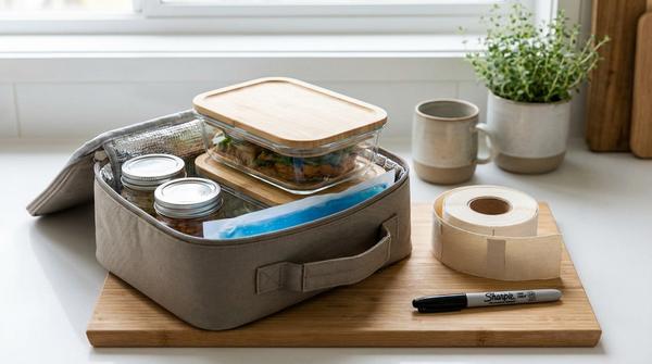 Isolierte Lunchbag mit auslaufsicheren Glasboxen, kleinen Soßengläsern und Kühlakku auf einer Küchenarbeitsfläche.