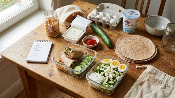 Wiederkehrende Zutaten wie Paprika, Gurke, Eier, Feta und Kichererbsen für Büro-Meal-Prep