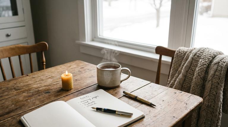 Gemütlicher Küchentisch am Fenster mit Tee, Notizbuch, Stift und sanfter Morgenstimmung als Symbol für alltagstaugliche Mental-Health-Gewohnheiten.