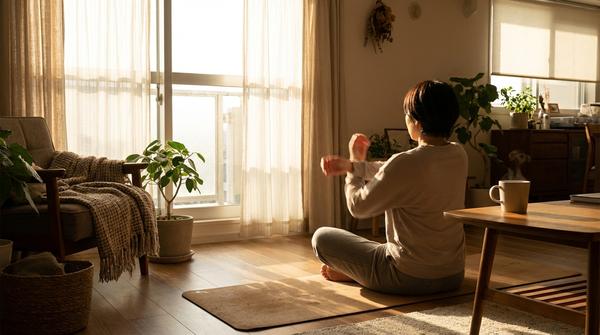 Person dehnt sich auf einer Yogamatte im Wohnzimmer bei Morgenlicht