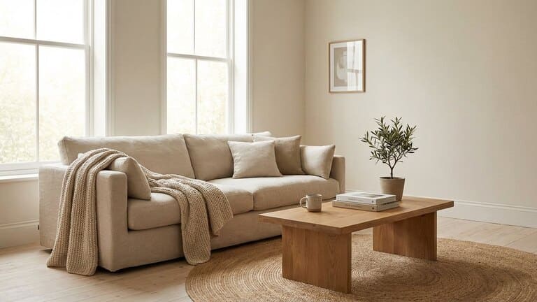 Minimalistisch eingerichtetes Wohnzimmer mit ruhiger, aufgeräumter Atmosphäre