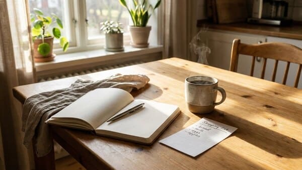 Notizbuch und Einkaufsliste auf einem aufgeräumten Küchentisch