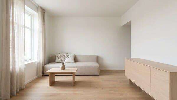 Minimalistisch eingerichteter kleiner Raum mit klaren Linien und geschlossenen Schränken