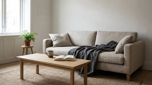 Ruhiges, minimalistisches Wohnzimmer mit wenig Deko und realistischer Wohlfühl-Atmosphäre