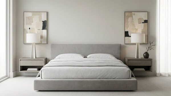 Modernes Schlafzimmer mit symmetrischer Anordnung, neutralen Farben und wenigen gezielten Akzenten.