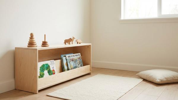 Übersichtliche Spielecke im Montessori-Stil mit offenem Holzregal