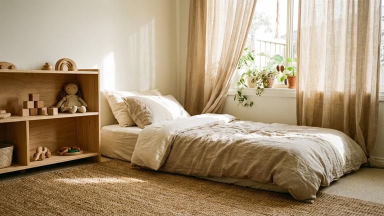 Helles Montessori Kinderzimmer mit Bodenbett, Holzregal und ruhigen Naturfarben