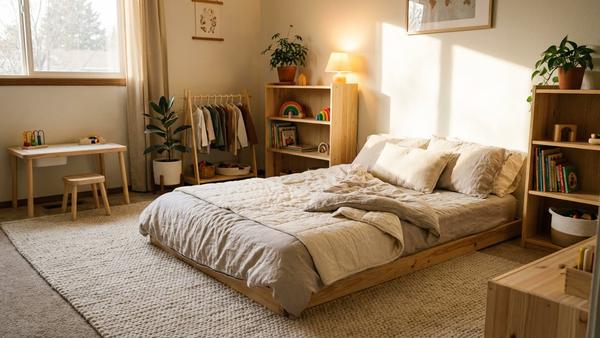 Niedriges Bodenbett und kindgerechte Möbel im Montessori-Stil