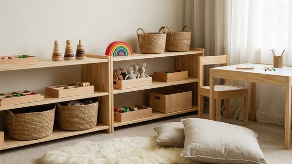 Aufgeräumter Spielbereich mit Körben und Holzboxen im Montessori-Stil