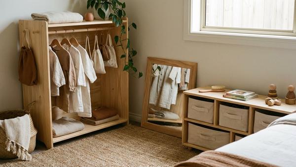 
Kindergarderobe und Möbel auf Kinderhöhe im Montessori Kinderzimmer