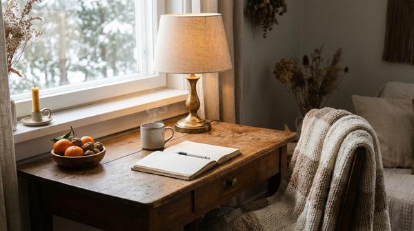 Gemütliche Schreibtisch-Ecke mit Tee, Notizbuch, Lampe und winterlichen Details am Fenster
