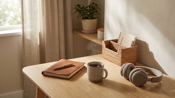 Aufgeräumter Schreibtisch mit Kopfhörern, Notizbuch, Organizer und Tee als Fokus-Reset am Nachmittag