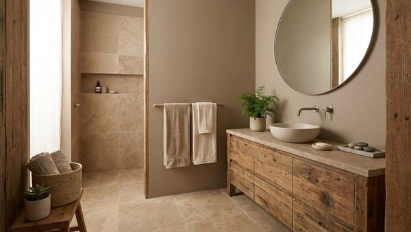 Natürliches Badezimmer mit Holzdetails, Steinoptik, Naturfarben und ruhiger Spa-Atmosphäre
