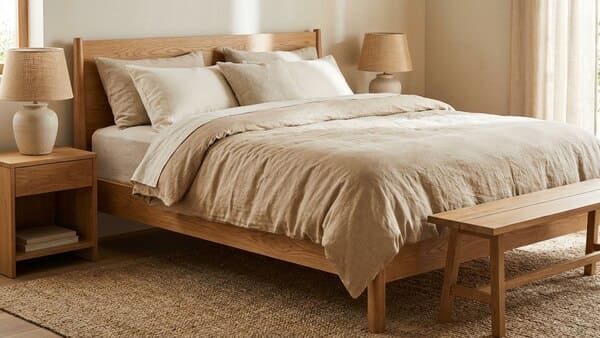 Schlafzimmer mit Holzbett, Leinenbettwäsche, Baumwolltextilien und Keramiklampe in Naturtönen.