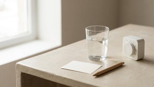 Wasserglas, kleiner Timer und Notizkarte auf ruhigem Hintergrund als Symbol für eine 1-Minuten-Routine