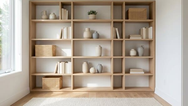 Offenes Regal im kleinen Raum mit Körben, abgestimmten Farben und bewusst freien Flächen