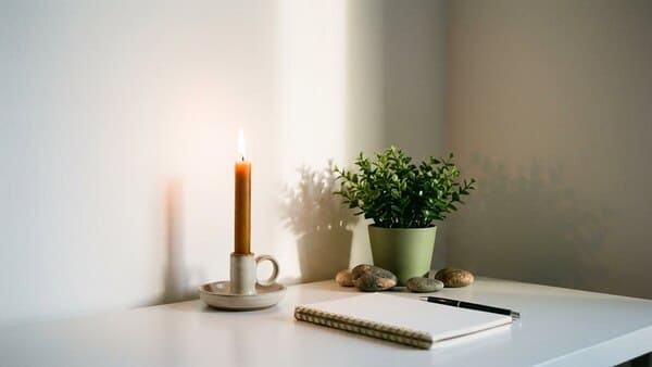 Ein aufgeräumter Arbeitsplatz mit einer kleinen Pflanze und einer brennenden Kerze.