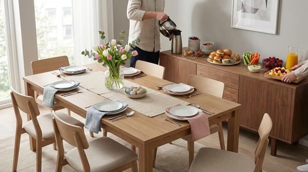 Junge Hände füllen Kaffee in eine Thermokaraffe, während am frühlingshaft gedeckten Tisch ein Baukasten-Buffet mit Joghurt, Sandwiches, Gemüse und Obst aufgebaut wird.