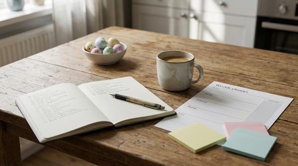 Notizbuch mit Checkliste, Stift und Kaffee auf dem Tisch, das dir hilft, deinen Osterbrunch strukturiert zu planen.