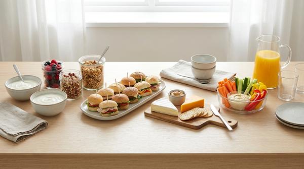 Übersichtliches Brunch-Buffet mit Joghurt, Toppings, Sandwiches, Gemüse und Dip, das dir einen einfachen Menü-Baukasten zeigt.