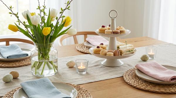 Schlichte Osterbrunch-Tischdeko mit Tulpen, Tischläufer, Etageren und Kerzen, die dir frühlingshafte Atmosphäre ohne Aufwand zeigt.