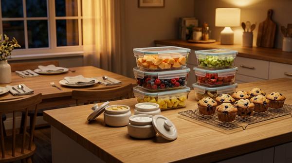 Vorgebereitete Obstboxen, Dips im Glas und abkühlende Muffins, die dir zeigen, wie du den Osterbrunch am Vortag vorbereitest.