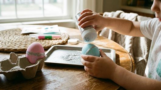 Pastell Osterei mit Glitzerrand, Kind streut vorsichtig Glitzer auf den Rand