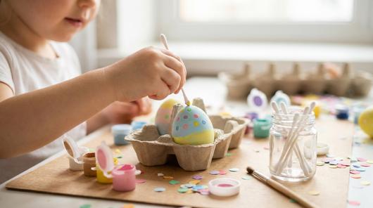 Kind setzt mit Wattestäbchen bunte Punkte auf ein Osterei im Konfetti Look