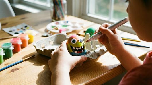 Buntes Osterei als Monster mit großen Augen und Zähnen, Kind malt Details