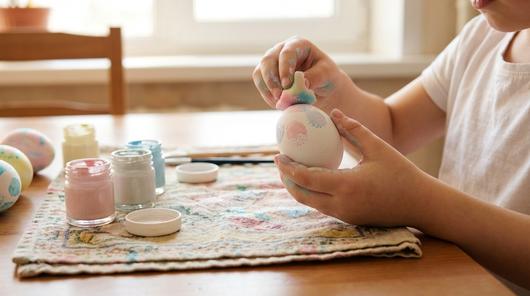 Kind tupft mit einem Schwamm Pastellfarbe auf ein Osterei