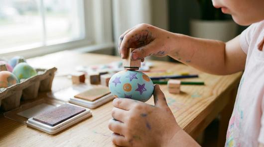 Kind stempelt Sterne und Kreise auf ein Osterei, einfache Bastelidee für Ostern