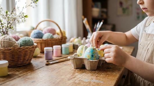 Kind zieht Sticker von bemaltem Osterei ab und das Muster kommt zum Vorschein