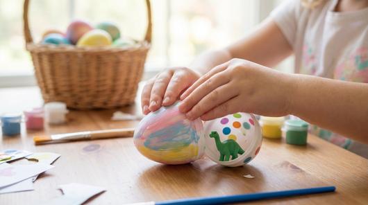 Bemaltes Plastik Osterei wird geschlossen, innen liegt eine kleine Überraschung
