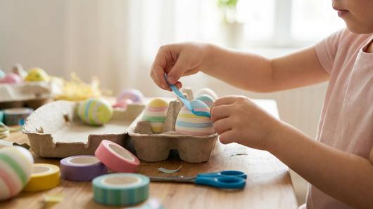 Kind zieht Washi Tape ab und es entstehen saubere Streifen auf dem Osterei