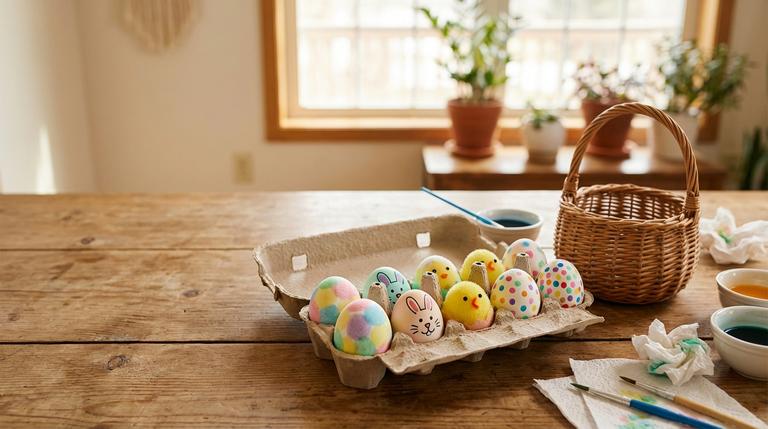 Ostereier Designs für Kinder im Eierkarton und Korb auf Basteltisch