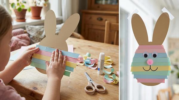 Kind klebt bunte Papierstreifen auf einen Osterhasen aus Tonpapier, Fensterbild im Hintergrund