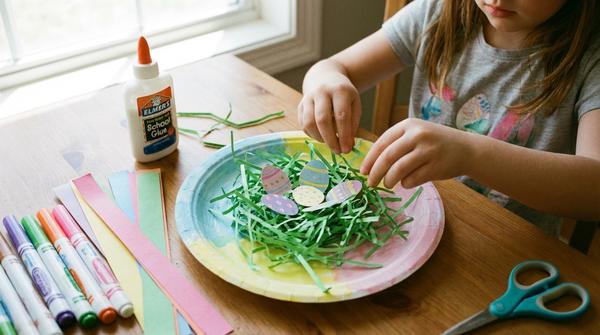 Pappteller-Osternest mit Papiergras und kleinen Eiern, Kinderhände kleben weitere Streifen ein