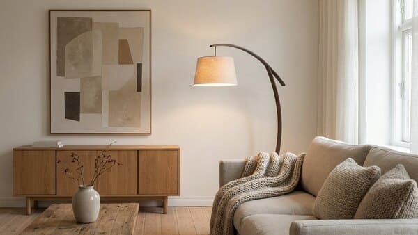 Kleiner Raum mit wenigen gezielten Highlights wie Statement-Bild, besonderer Lampe und hochwertigen Textilien