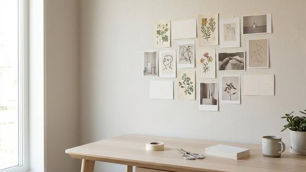 Postkarten im Raster an der Wand, befestigt mit neutralem Washi Tape über einem kleinen Schreibtisch.