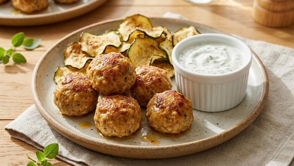 Teller mit gebräunten Putenbällchen und knusprigen Zucchini-Chips, dazu ein kleiner Dip.