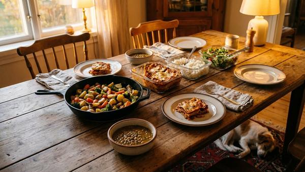 Du siehst einen Esstisch mit einem einfachen Reste-Essen aus mehreren kleinen Komponenten.