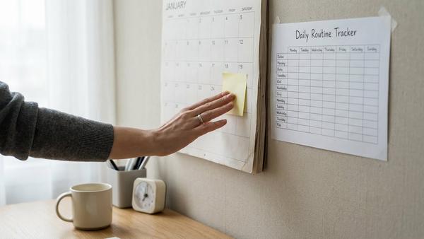 Hand klebt Haftnotiz an Kalender neben einfachem Routine-Tracker auf einem aufgeräumten Schreibtisch