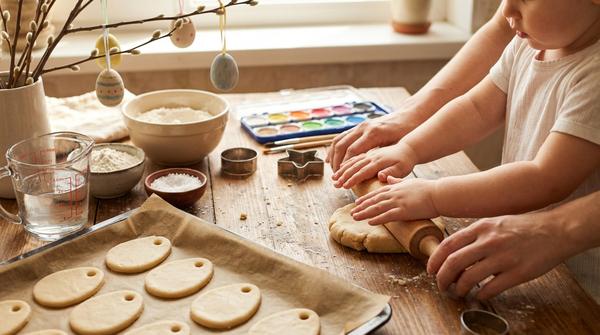 Hände rollen Salzteig aus und stechen Eierformen für Osteranhänger aus, fertige Anhänger hängen am Zweig