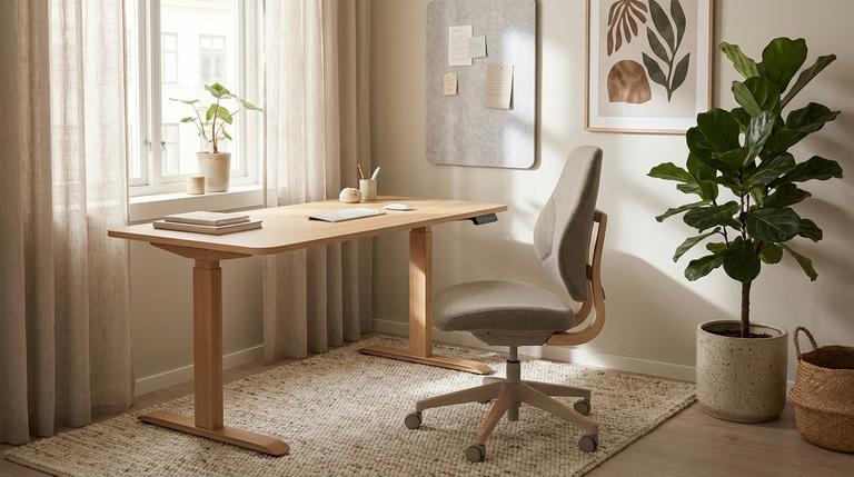 Scandi-Homeoffice mit Teppich, Leinenvorhängen, Filz-Pinnwand, Pflanze und schlichtem Kunstdruck.