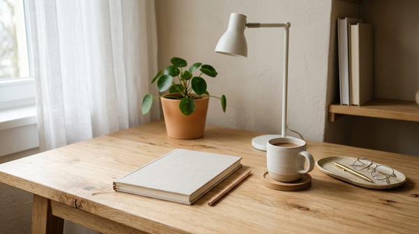 Minimalistische Scandi Schreibtischdeko mit kleiner Pflanze, Keramiktablett, Tasse und Notizbuch
