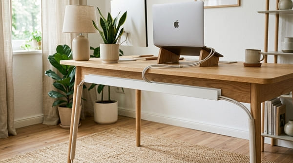 Heller Scandi Schreibtisch mit ordentlich geführten Kabeln und Kabelbox unter dem Tisch