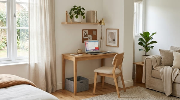 Kleine Scandi Arbeitsecke mit schmalem Holztisch, hellem Stuhl und Wandregal in einer Wohnung