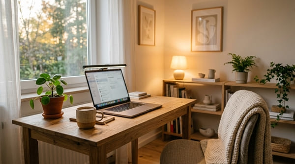 Heller Scandi Arbeitsplatz mit Monitorlicht, warmem Hintergrundlicht und dezenter Deko