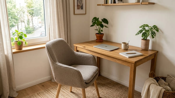 Heller Scandi Arbeitsplatz mit Holztisch und wohnlichem Bürostuhl in neutraler Farbe